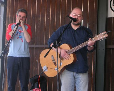 Rob and Kev on stage.